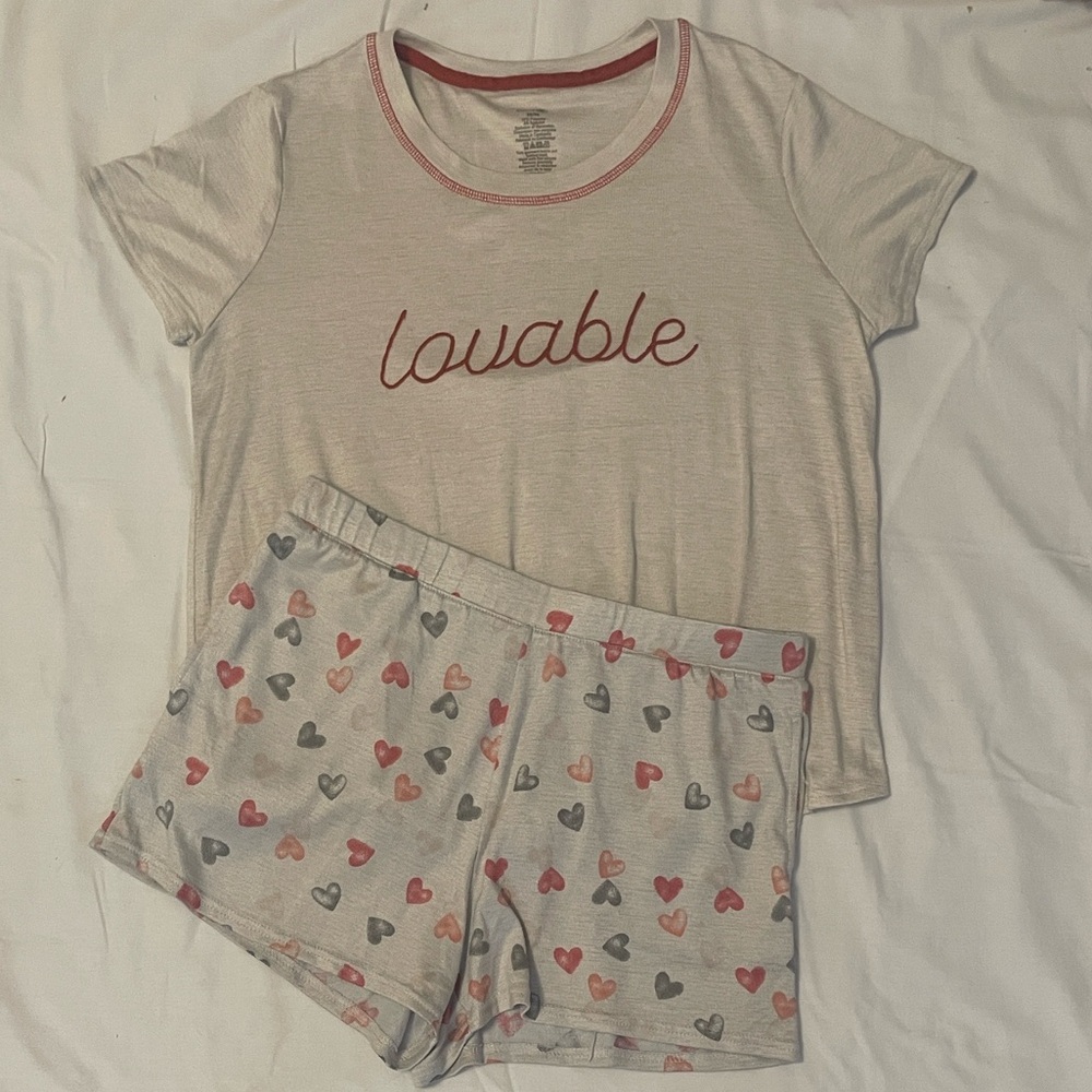 George Cream Pink Heart Short Sleeve Top Shorts Pajama Lounge PJ Set M S